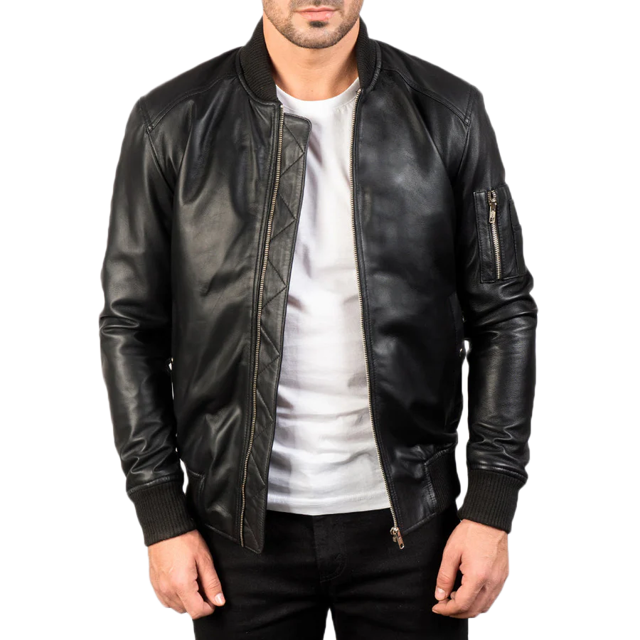 Bomia Ma-1 Black Leather Bomber Jacket