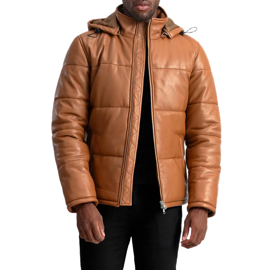 Gordon Tan Hooded Leather Puffer Jacket