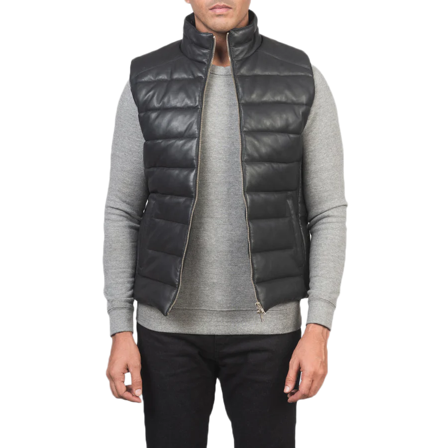 Reeves Black Leather Puffer Vest