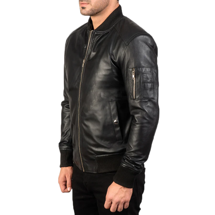 Bomia Ma-1 Black Leather Bomber Jacket
