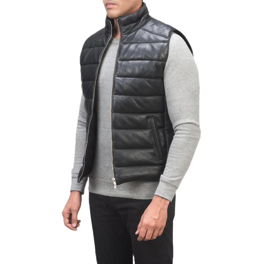 Reeves Black Leather Puffer Vest