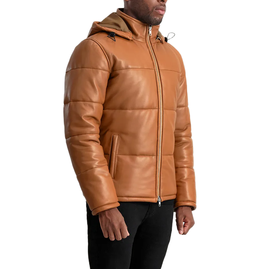 Gordon Tan Hooded Leather Puffer Jacket