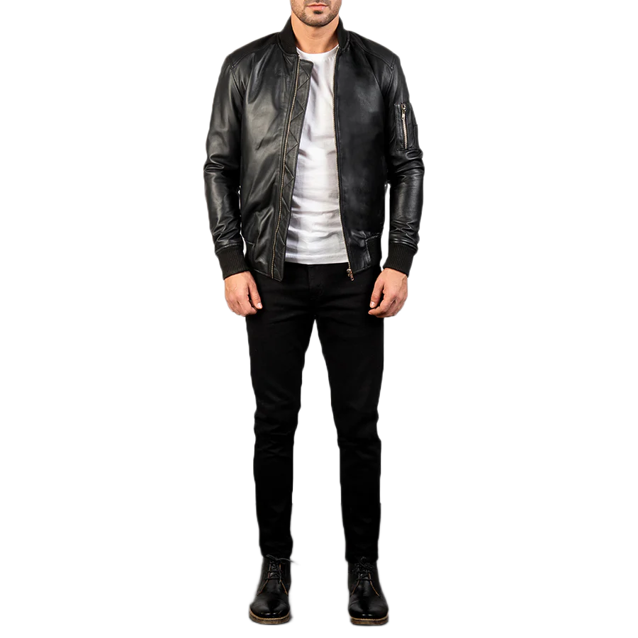 Bomia Ma-1 Black Leather Bomber Jacket