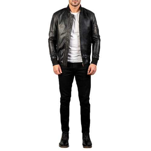 Bomia Ma-1 Black Leather Bomber Jacket