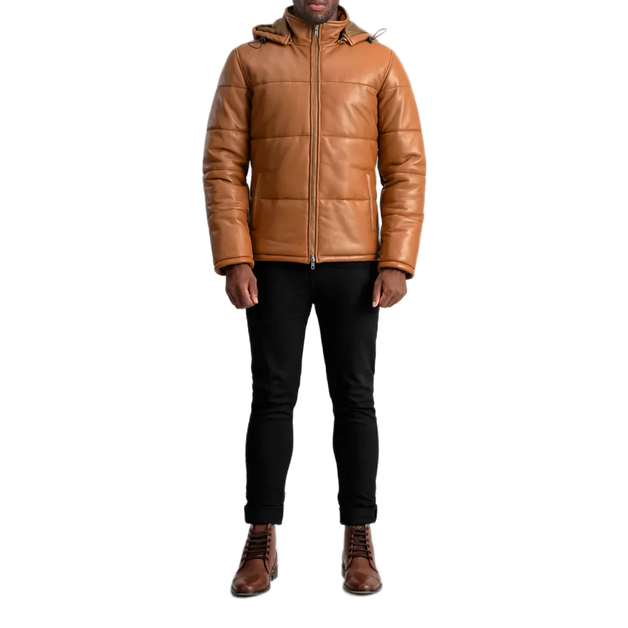 Gordon Tan Hooded Leather Puffer Jacket