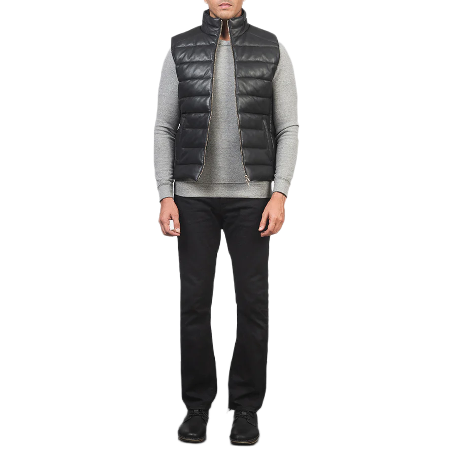 Reeves Black Leather Puffer Vest