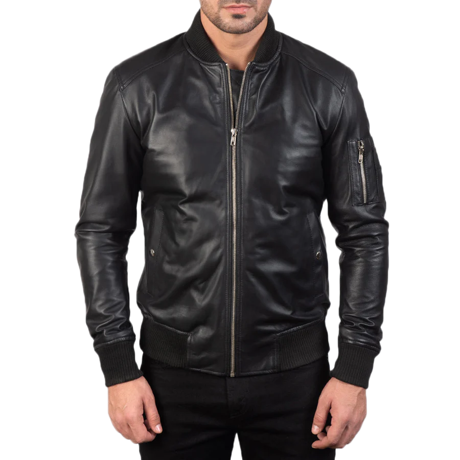 Bomia Ma-1 Black Leather Bomber Jacket