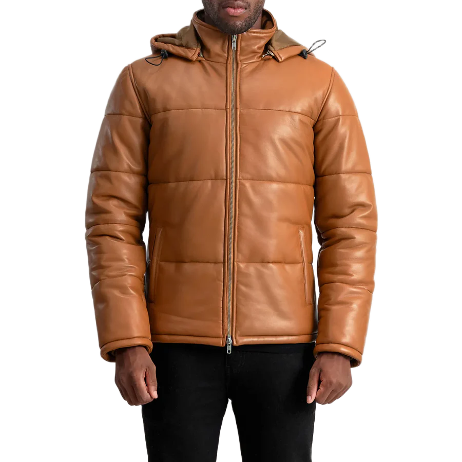 Gordon Tan Hooded Leather Puffer Jacket