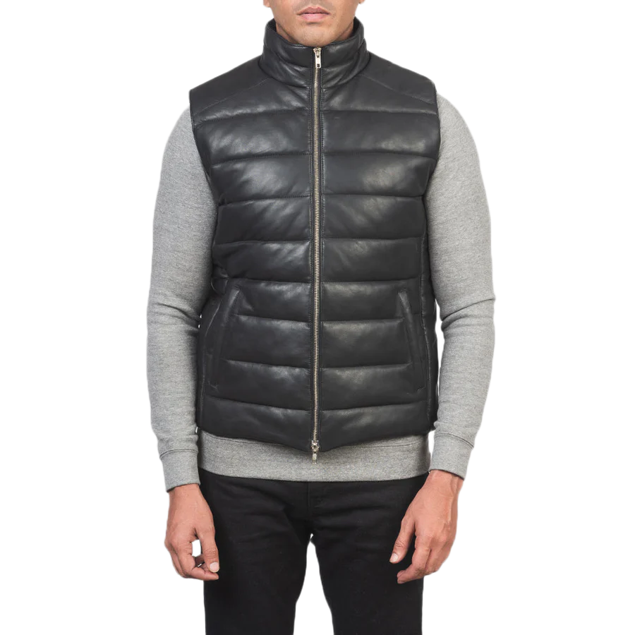 Reeves Black Leather Puffer Vest