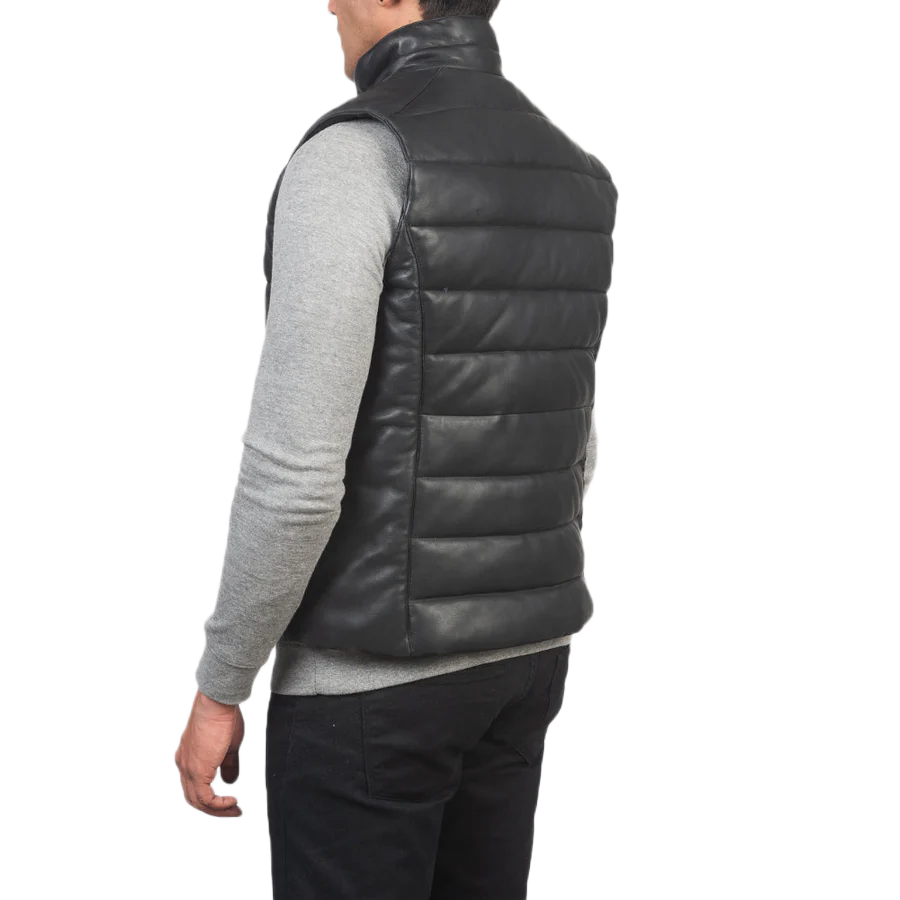 Reeves Black Leather Puffer Vest