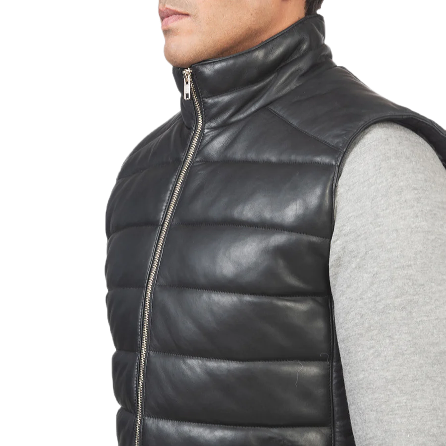 Reeves Black Leather Puffer Vest