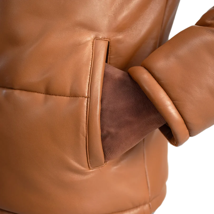 Gordon Tan Hooded Leather Puffer Jacket