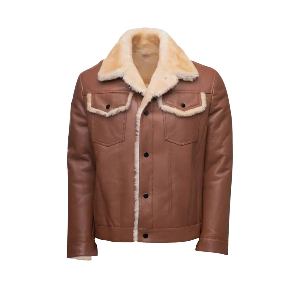 Men’s Brown Shearling Leather Trucker Jacket