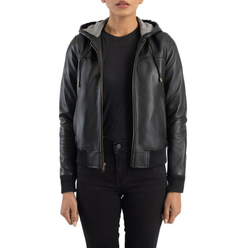 Rebella Black Hooded Leather Bomber Jacket