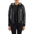 Rebella Black Hooded Leather Bomber Jacket
