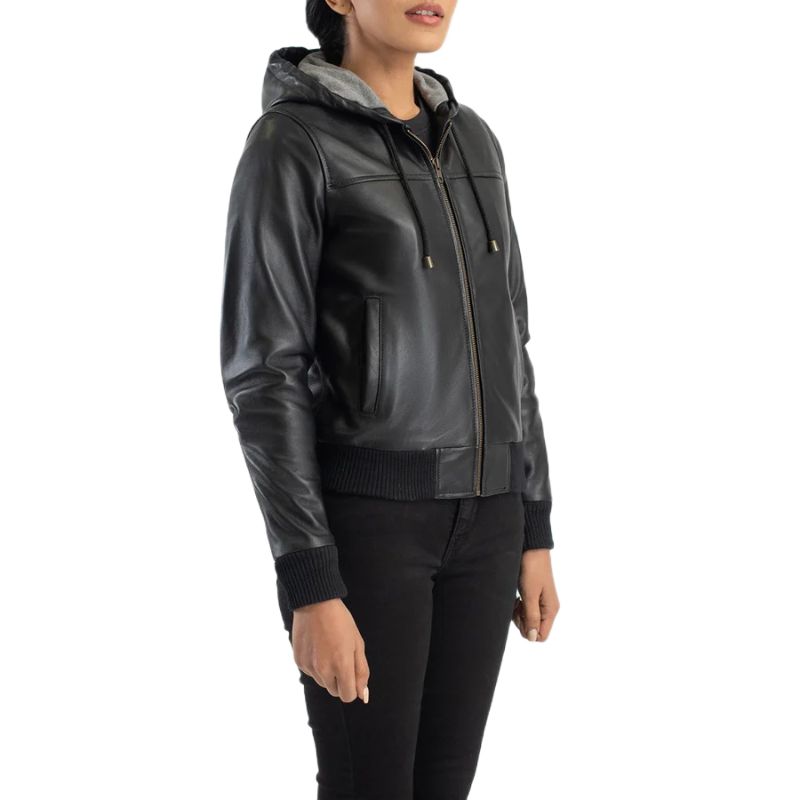Rebella Black Hooded Leather Bomber Jacket
