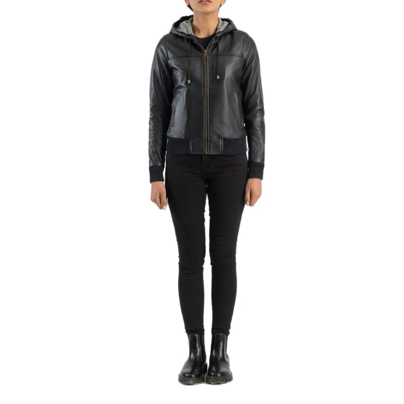 Rebella Black Hooded Leather Bomber Jacket