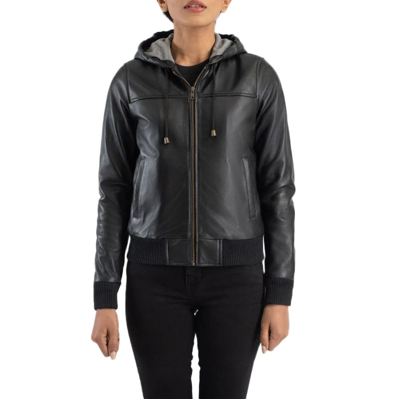 Rebella Black Hooded Leather Bomber Jacket