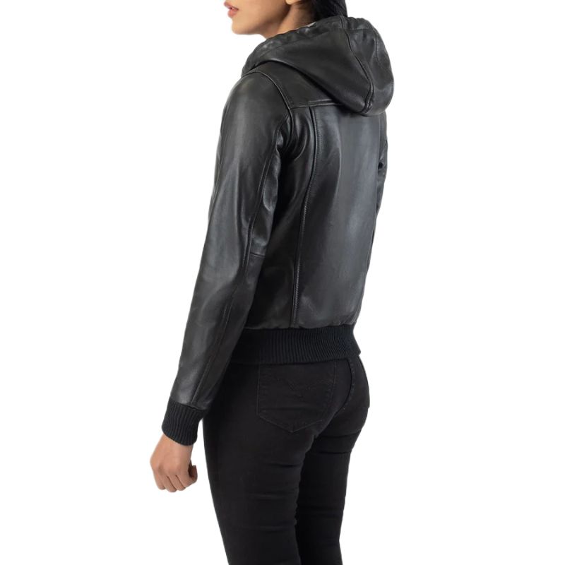 Rebella Black Hooded Leather Bomber Jacket
