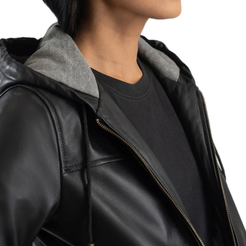 Rebella Black Hooded Leather Bomber Jacket