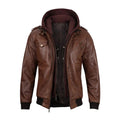 Men’s Black & Brown Leather Jacket with Removable Hoodie