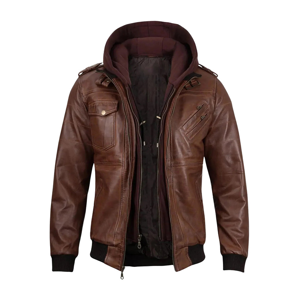 Men’s Black & Brown Leather Jacket with Removable Hoodie