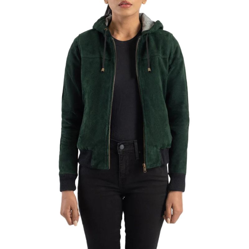 Rebella Green Hooded Suede Bomber Jacket