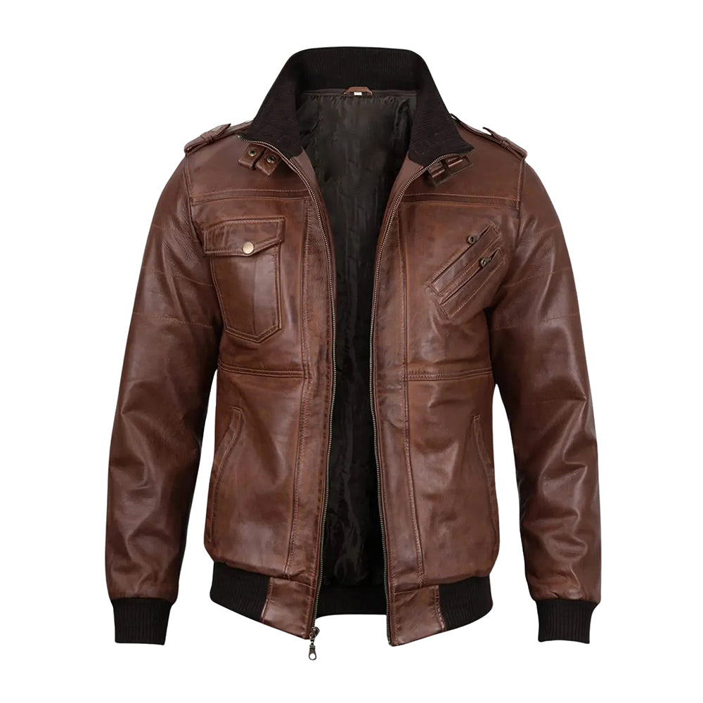 Men’s Black & Brown Leather Jacket with Removable Hoodie