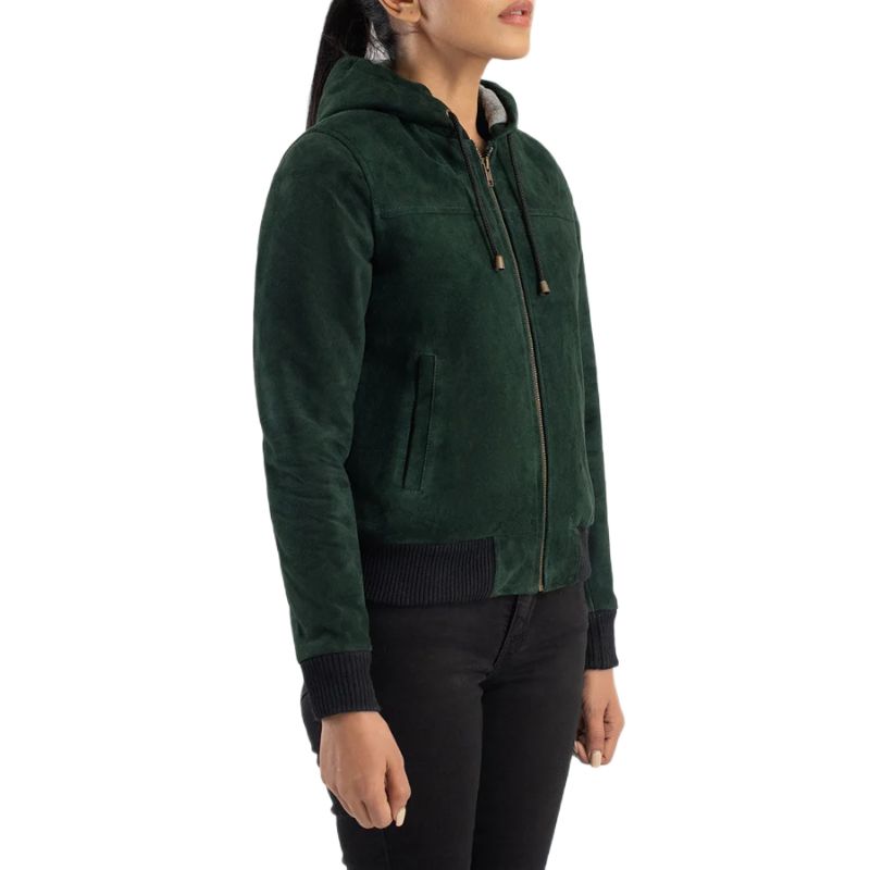 Rebella Green Hooded Suede Bomber Jacket