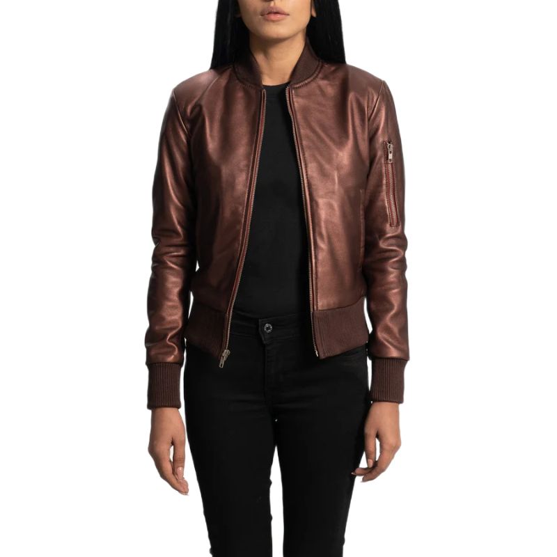 Reida Maroon Leather Bomber Jacket