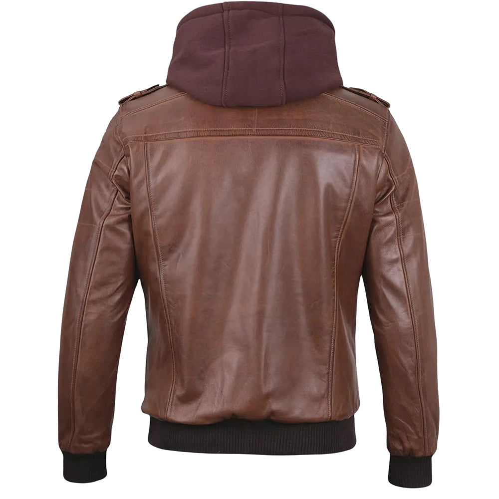 Men’s Black & Brown Leather Jacket with Removable Hoodie