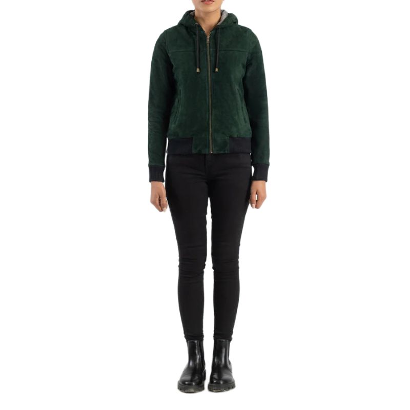 Rebella Green Hooded Suede Bomber Jacket