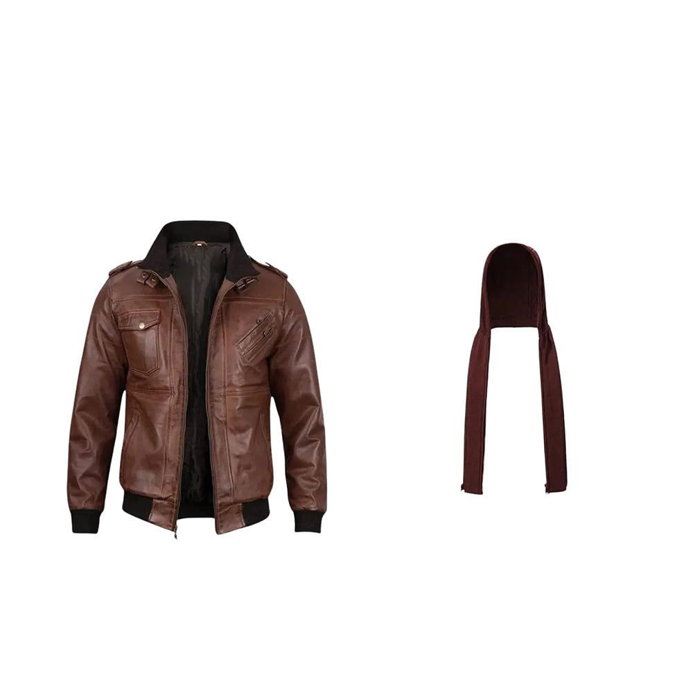 Men’s Black & Brown Leather Jacket with Removable Hoodie
