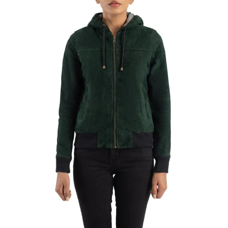 Rebella Green Hooded Suede Bomber Jacket