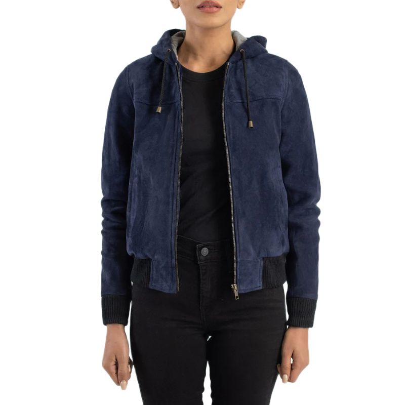 Rebella Blue Hooded Suede Bomber Jacket