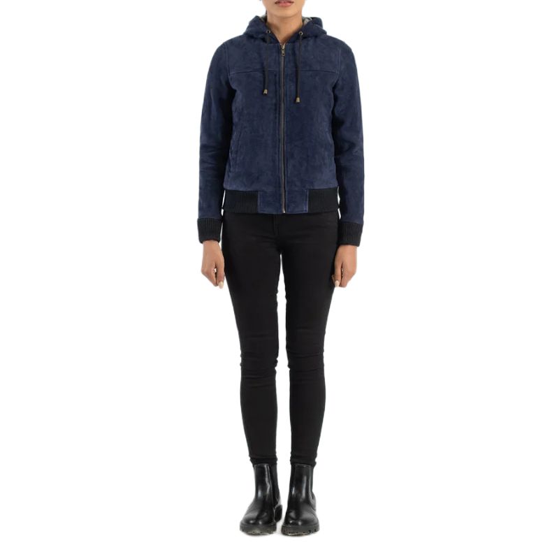 Rebella Blue Hooded Suede Bomber Jacket