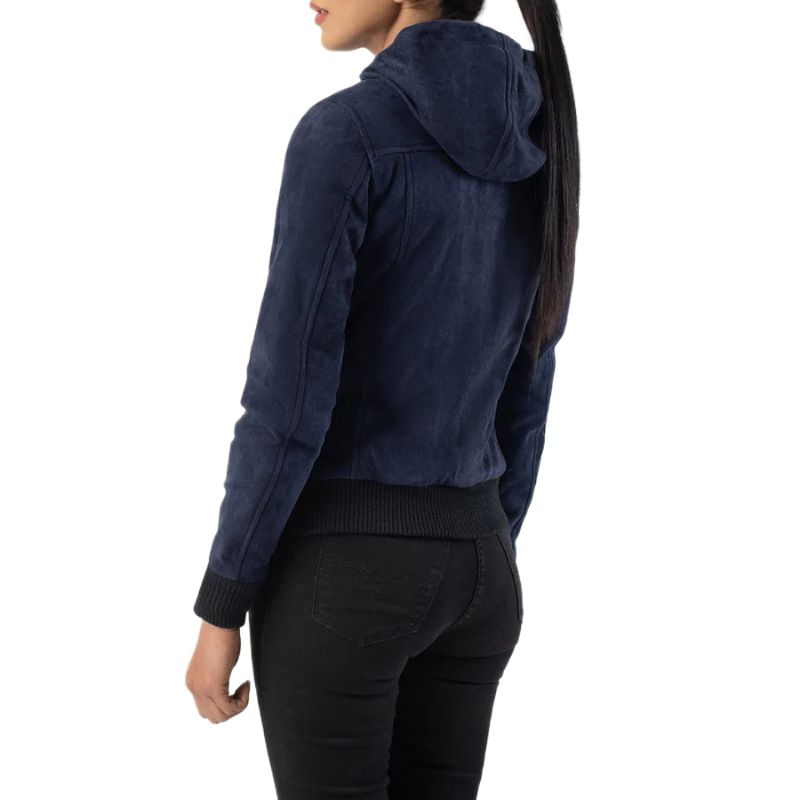 Rebella Blue Hooded Suede Bomber Jacket