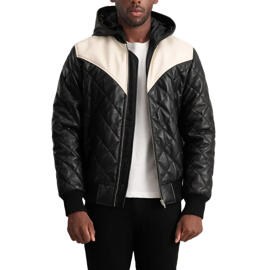 Norman Black Hooded Bomber Leather Puffer Jacket