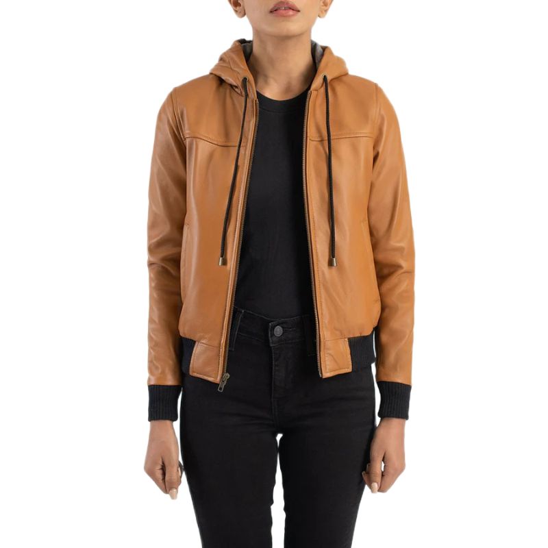 Rebella Brown Hooded Leather Bomber Jacket