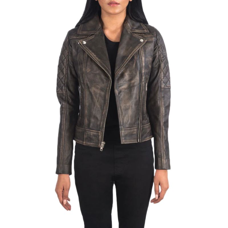 Carolyn Quilted Distressed Brown Biker Jacket