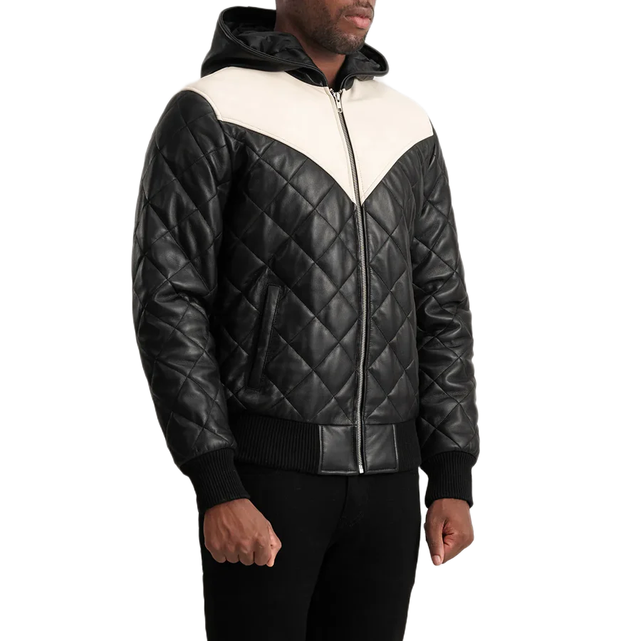 Norman Black Hooded Bomber Leather Puffer Jacket