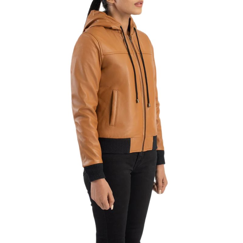 Rebella Brown Hooded Leather Bomber Jacket
