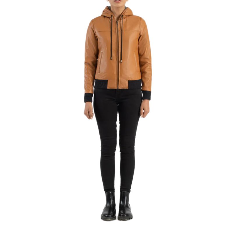 Rebella Brown Hooded Leather Bomber Jacket