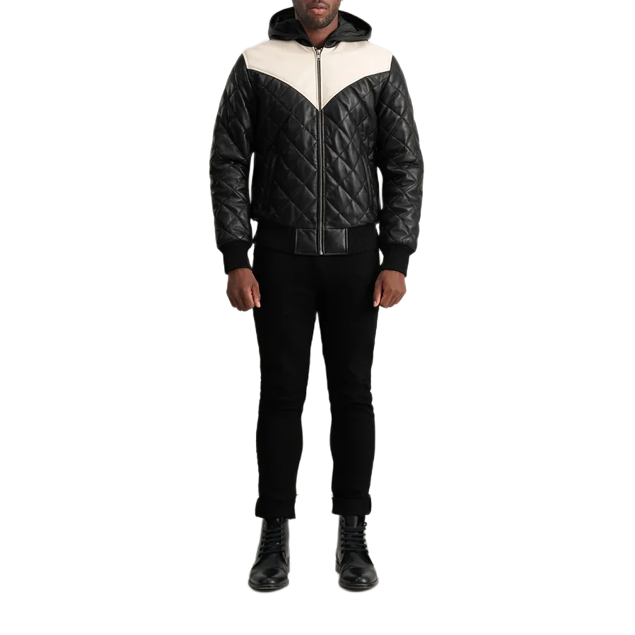 Norman Black Hooded Bomber Leather Puffer Jacket