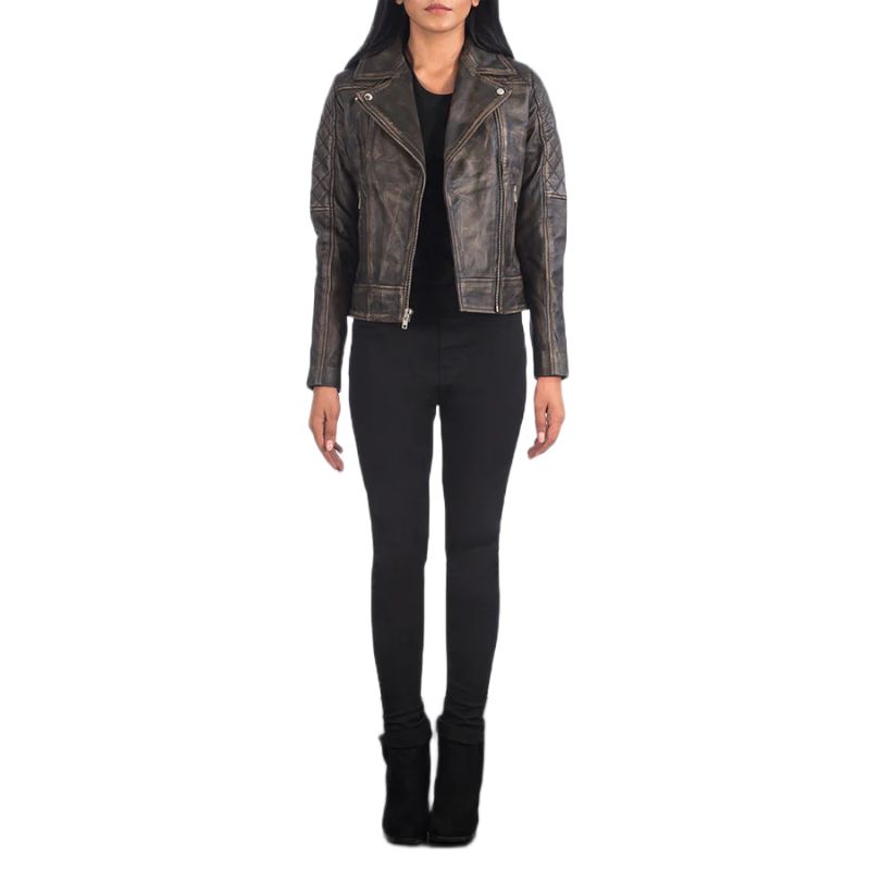 Carolyn Quilted Distressed Brown Biker Jacket