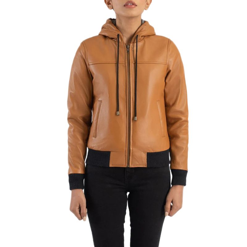 Rebella Brown Hooded Leather Bomber Jacket