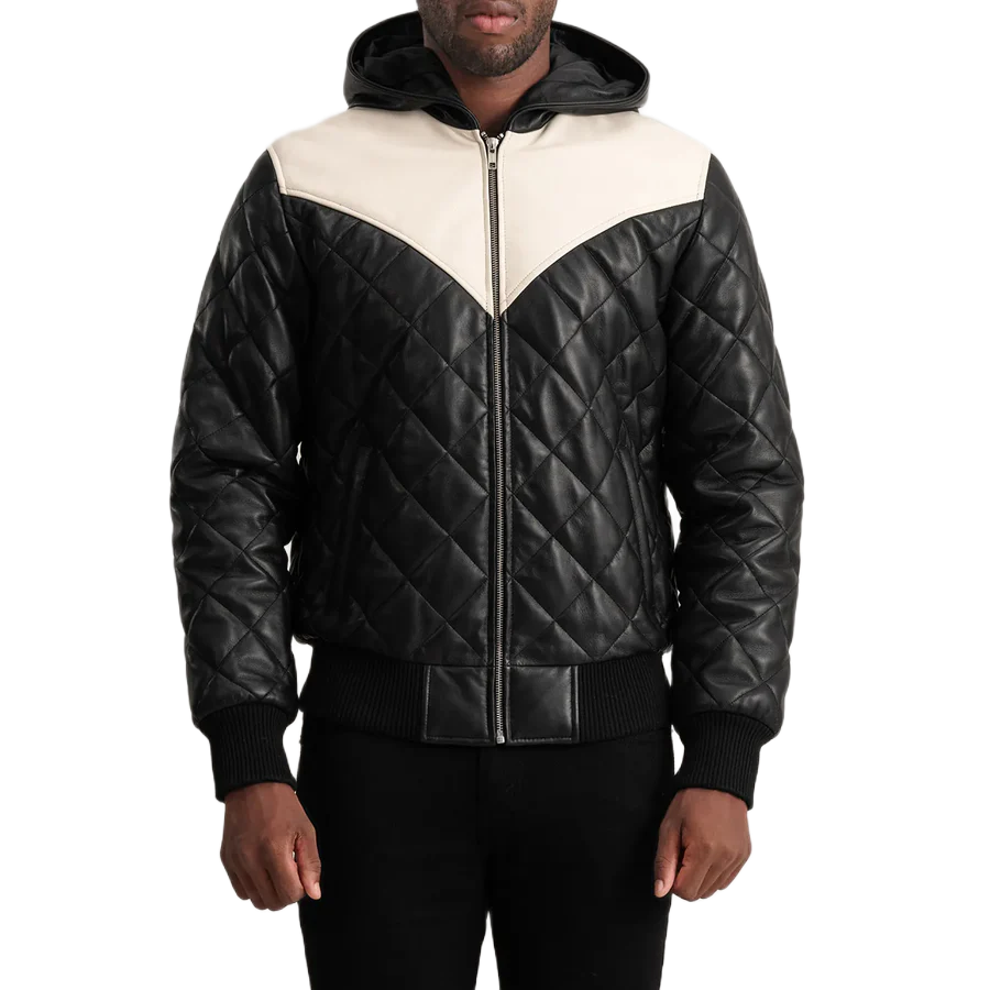 Norman Black Hooded Bomber Leather Puffer Jacket