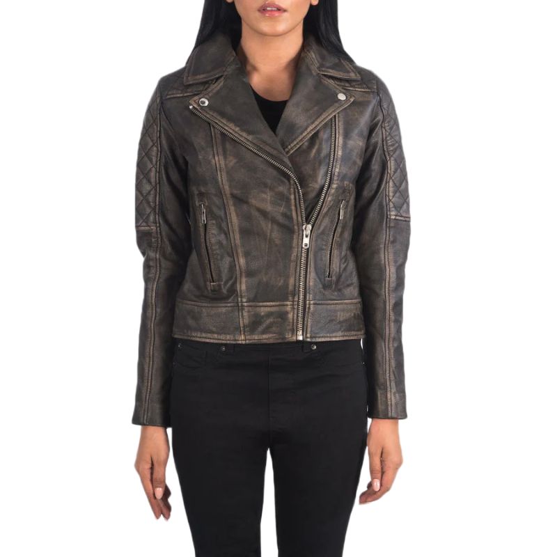 Carolyn Quilted Distressed Brown Biker Jacket