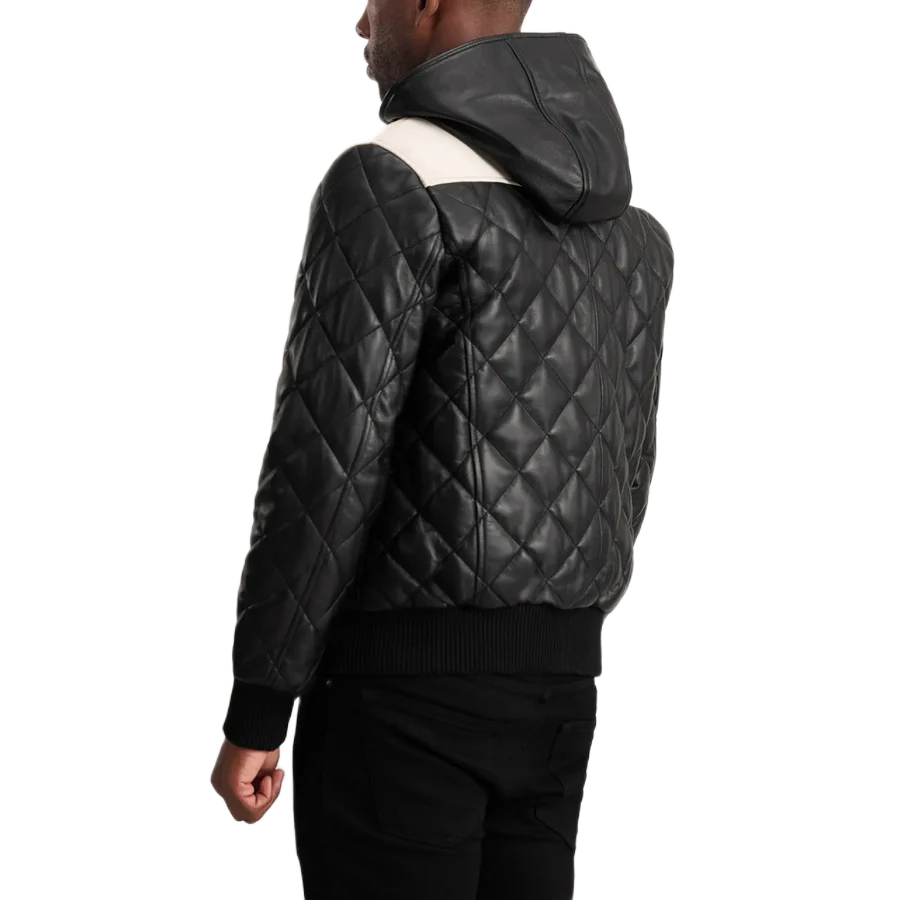 Norman Black Hooded Bomber Leather Puffer Jacket