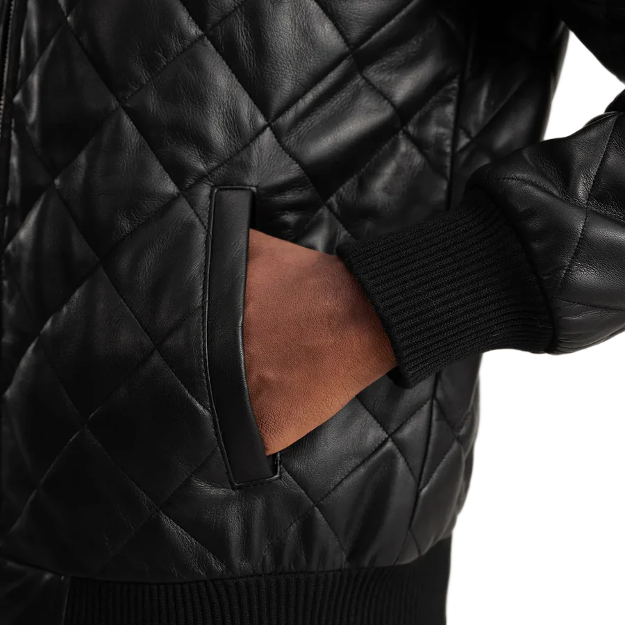 Norman Black Hooded Bomber Leather Puffer Jacket